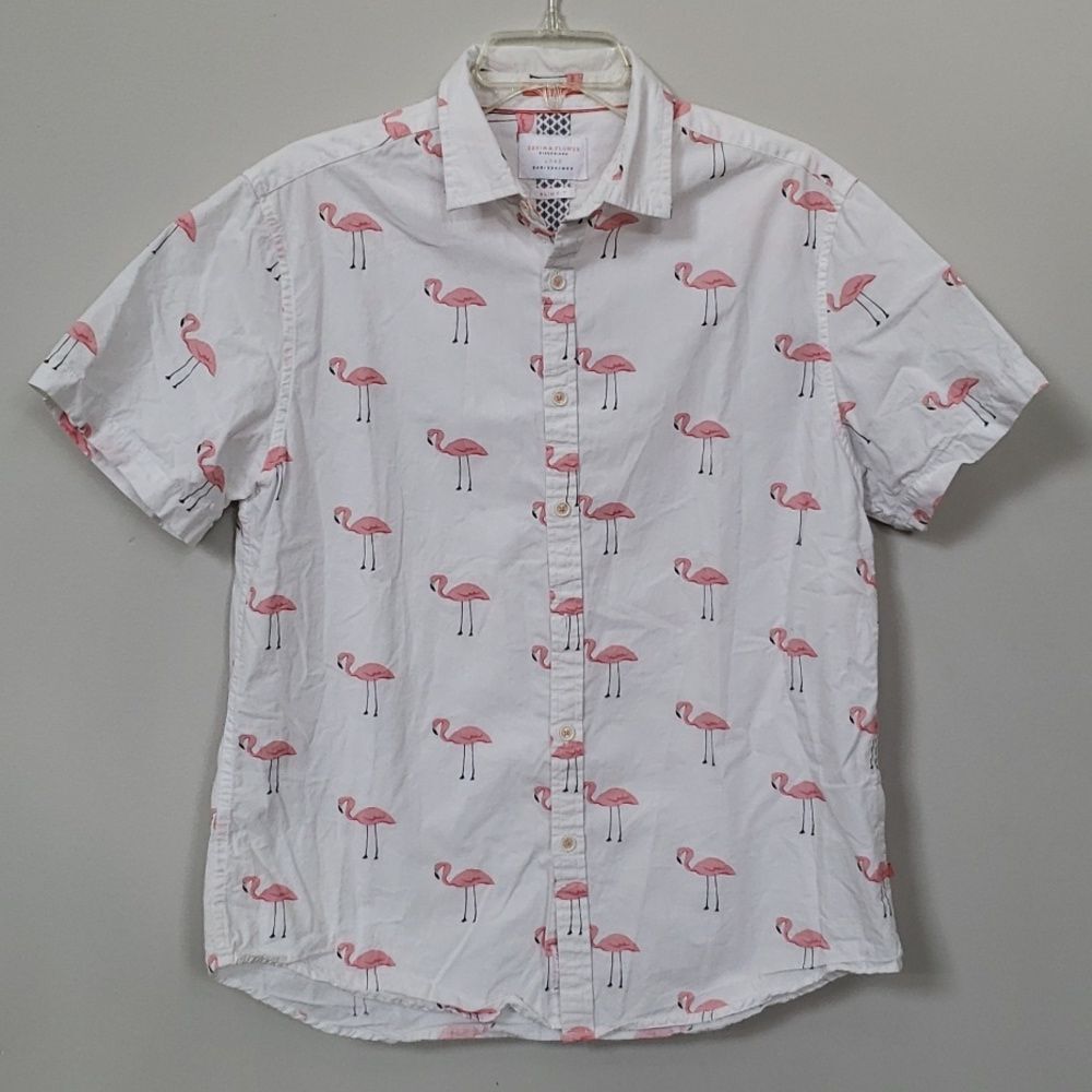 Denim & Flower Shirt Mens Large Slim Pink Flamingos All Cotton Short Sleeve